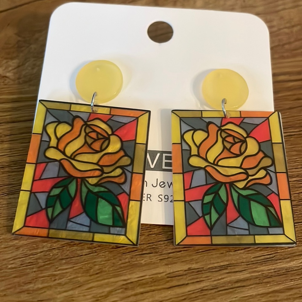 Stain glass looking rose earrings
